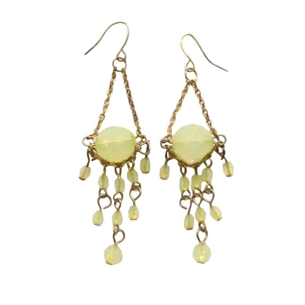 Vintage Green Chalcedony Yellow Gold Plated Chandelier Dangle Drop Earrings Hook